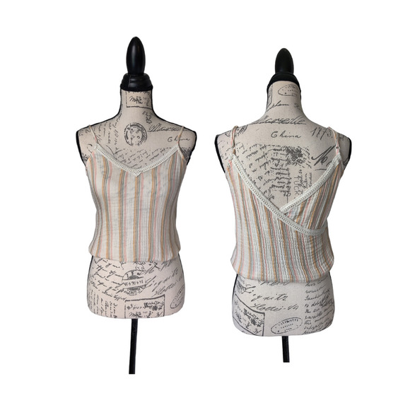 Aerie Multicolor Striped Sleeveless Gauze Tank Top Sz XS Crop Y2K Style V-Neck - Picture 1 of 12
